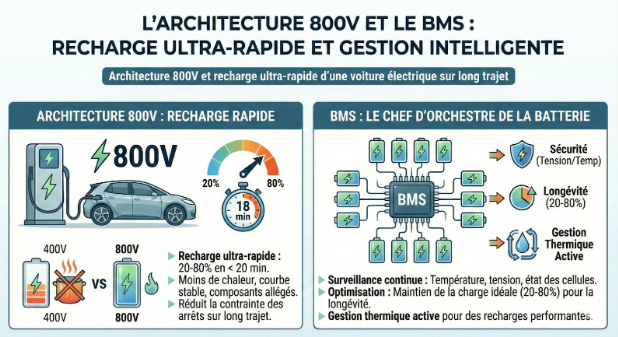 Architecture 800V et recharge ultra-rapide d’une voiture électrique sur long trajet
